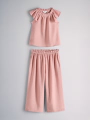The Set 2 Piece Linen Look Short Frill Sleeve Top and Wide Leg Trousers Set Pink - Image 1 of 5