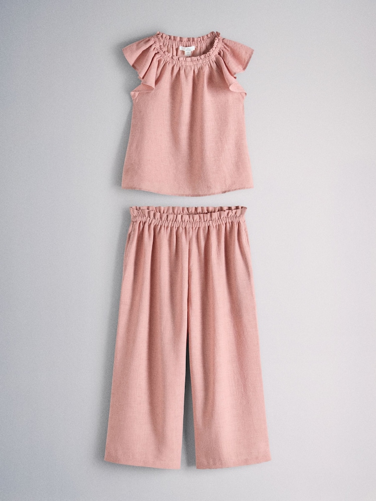 The Set 2 Piece Linen Look Short Frill Sleeve Top and Wide Leg Trousers Set Pink - Image 1 of 5