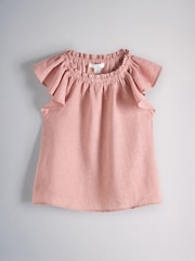 The Set 2 Piece Linen Look Short Frill Sleeve Top and Wide Leg Trousers Set Pink - Image 2 of 5