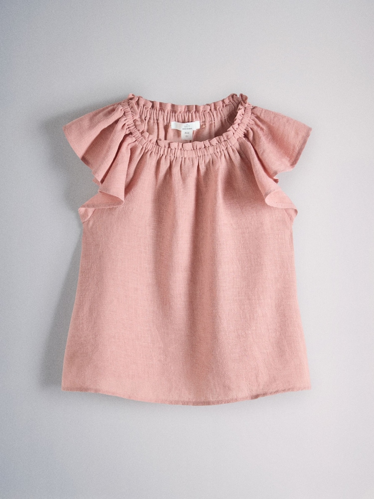 The Set 2 Piece Linen Look Short Frill Sleeve Top and Wide Leg Trousers Set Pink - Image 2 of 5