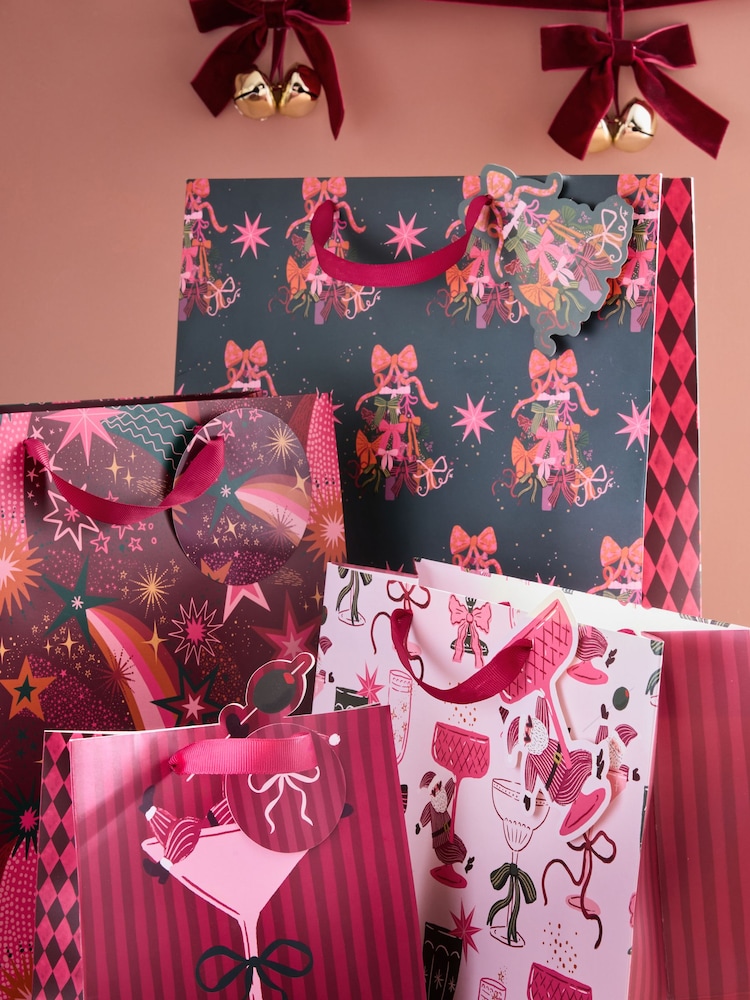 Pink and Green Bow Ho Ho 4 Pack Gift Bag - Image 1 of 2 Pink and Green Bow Ho Ho 4 Pack Gift Bag - Image 1 of 2