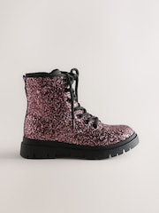 ពណ៌ Pink Glitter - ស្បែកជើងកវែងដែលមានខ្សែកក្តៅ Lace-up boots - រូបភាព 2 នៃ 5