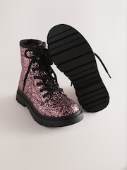 ពណ៌ Pink Glitter - ស្បែកជើងកវែងដែលមានខ្សែកក្តៅ Lace-up boots - រូបភាព 5 នៃ 5