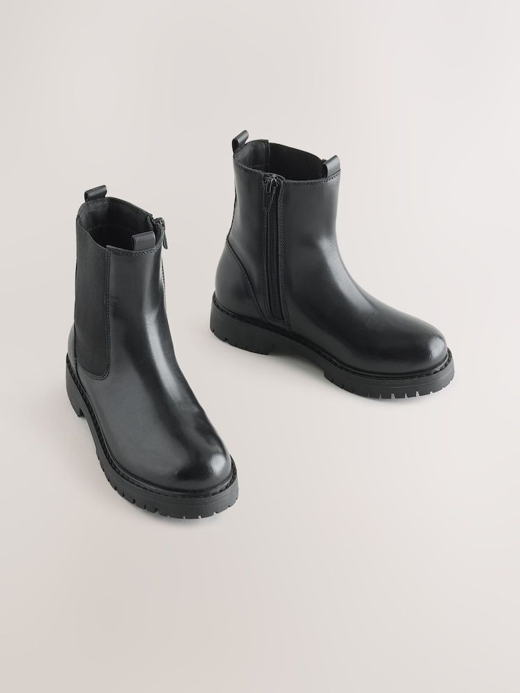 Black Standard Fit (F) Leather Chunky Chelsea Boots - Image 1 of 6 Black Standard Fit (F) Leather Chunky Chelsea Boots - Image 1 of 6