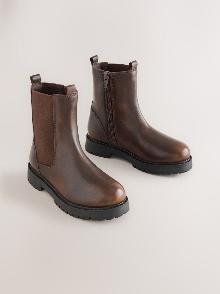 Chocolate Brown Standard Fit (F) Leather Chunky Chelsea Boots - Image 1 of 5 Chocolate Brown Standard Fit (F) Leather Chunky Chelsea Boots - Image 1 of 5