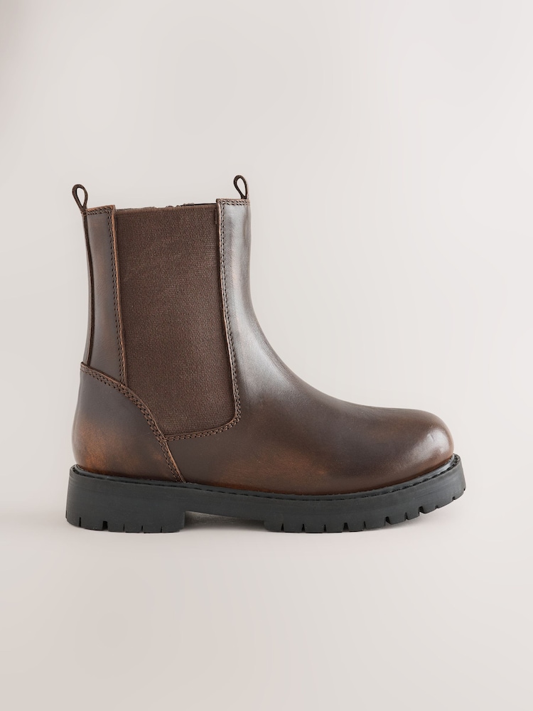 Chocolate Brown Standard Fit (F) Leather Chunky Chelsea Boots - Image 2 of 5 Chocolate Brown Standard Fit (F) Leather Chunky Chelsea Boots - Image 2 of 5
