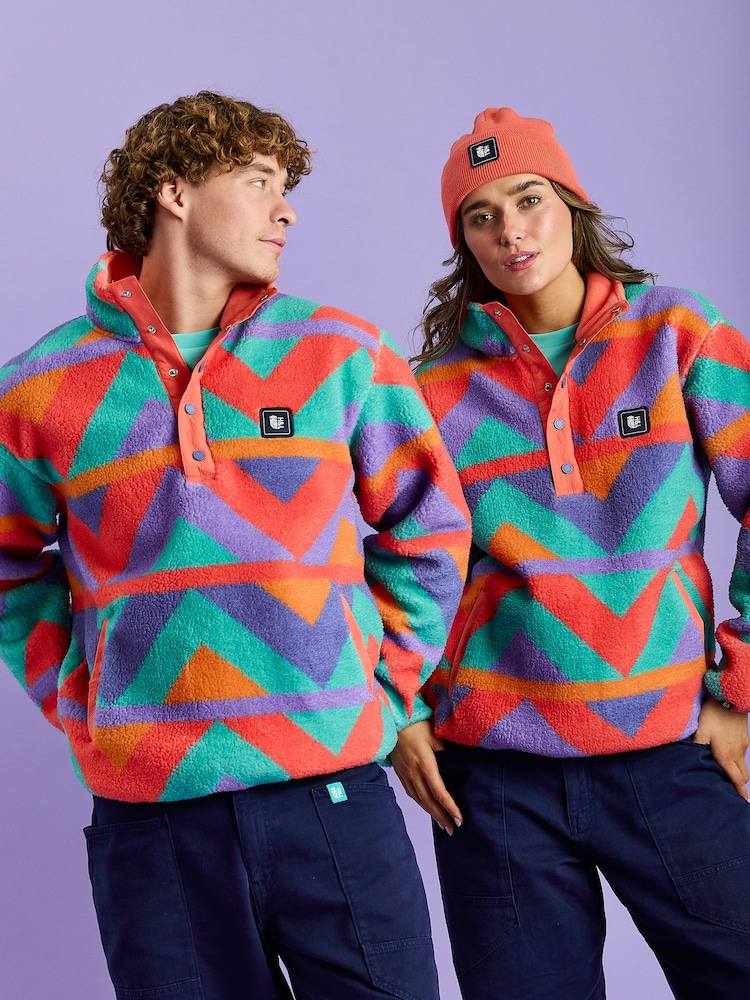 Harper & Lewis Red Charlie Retro Pattern Popper Neck Sherpa Fleece - Image 1 of 6 Harper & Lewis Red Charlie Retro Pattern Popper Neck Sherpa Fleece - Image 1 of 6