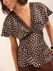 Friends Like These Brown Spot Print Satin Short Sleeve Lace Blouse - Image 1 of 6