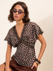 Friends Like These Brown Spot Print Satin Short Sleeve Lace Blouse - Image 4 of 6