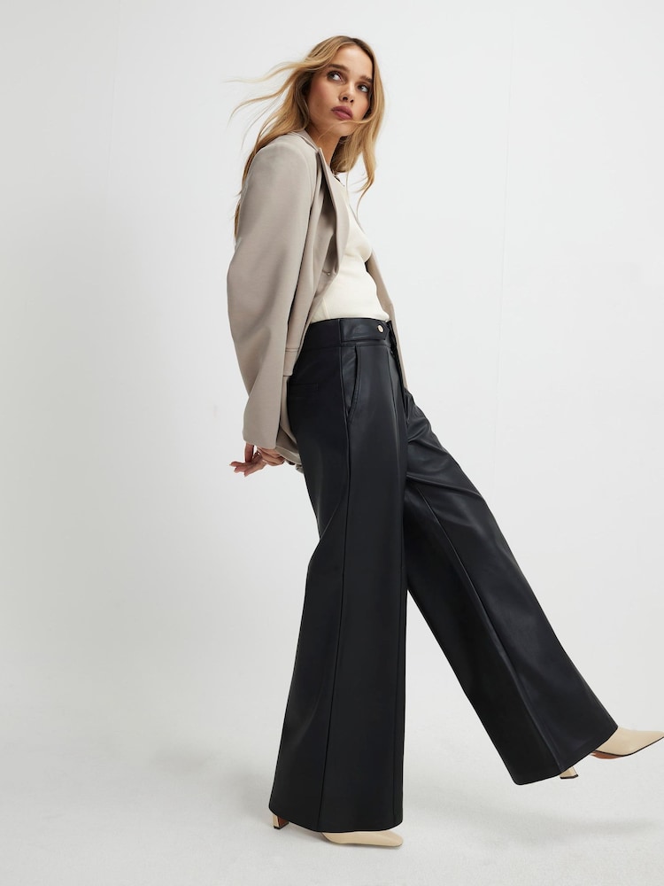 River Island Black Faux Leather Wide Leg Tab Detail Trousers - Image 1 of 4 River Island Black Faux Leather Wide Leg Tab Detail Trousers - Image 1 of 4