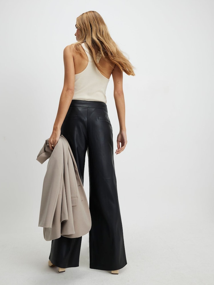 River Island Black Faux Leather Wide Leg Tab Detail Trousers - Image 2 of 4 River Island Black Faux Leather Wide Leg Tab Detail Trousers - Image 2 of 4