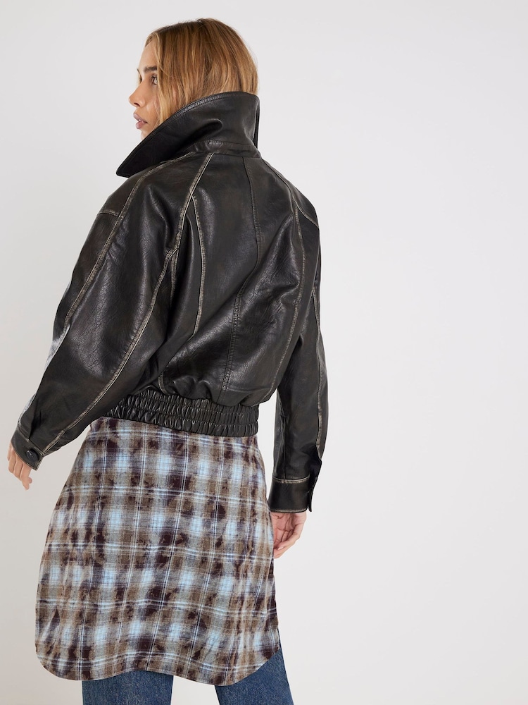 River Island Black Faux Leather Collared Bomber Jacket - Image 2 of 4 River Island Black Faux Leather Collared Bomber Jacket - Image 2 of 4