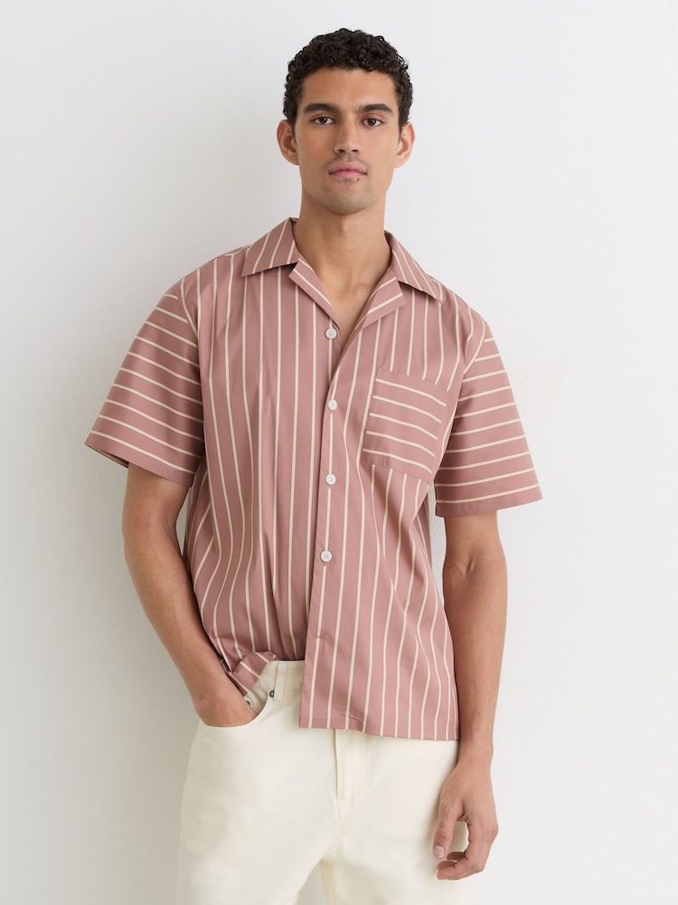 Reiss Dusty Pink Vanfleet Cotton-Blend Stripe Cuban-Collar Shirt - Image 1 of 7