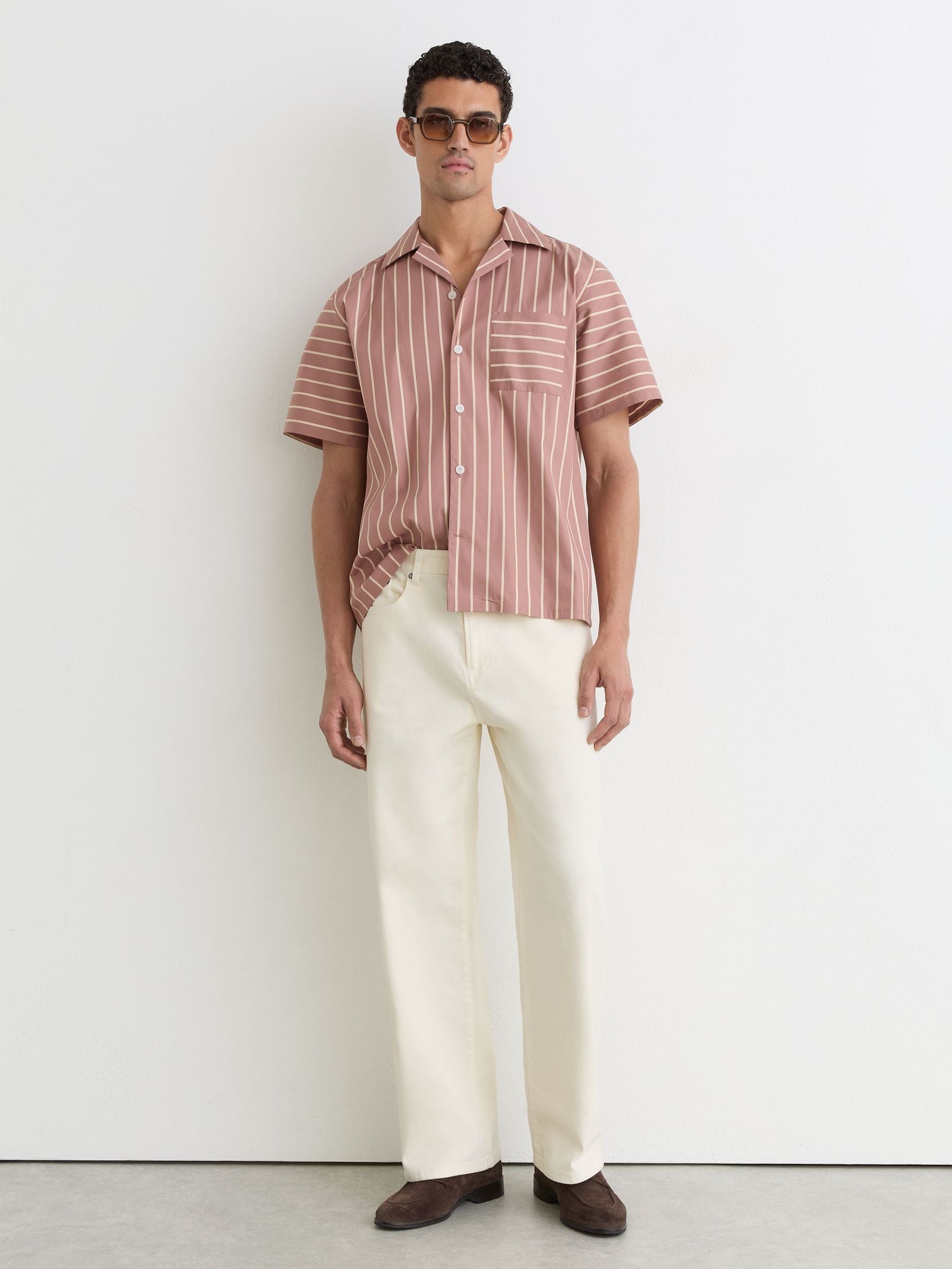 Buy Reiss Dusty Pink Vanfleet Cotton-Blend Stripe Cuban-Collar