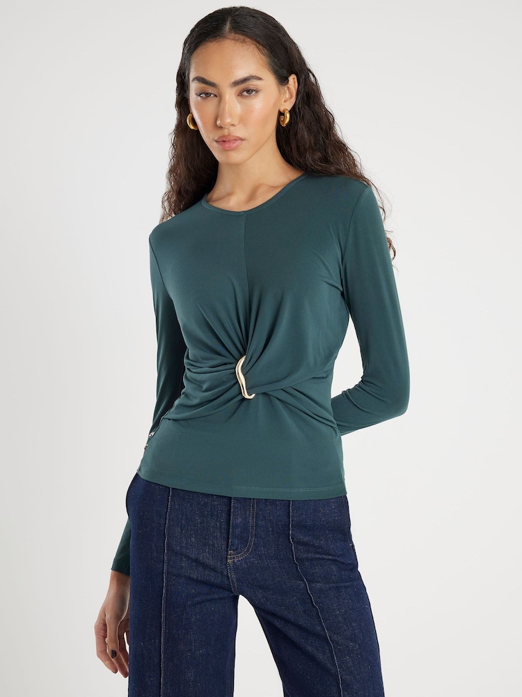 River Island Green Long Sleeve Wrap Detail Gold Trim Top - Image 1 of 4 River Island Green Long Sleeve Wrap Detail Gold Trim Top - Image 1 of 4