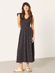 FatFace Demi Black Mini Paisley Petite Jersey Midi Dress - Image 1 of 4