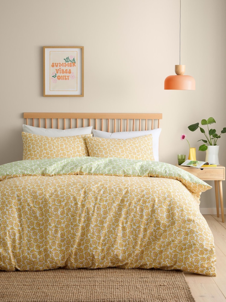 Fusion Yellow Retro Daisy Floral Print Easy Care Duvet Cover Set - Image 1 of 5