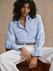 Mint Velvet Blue Cotton Scallop Detail Shirt - Image 1 of 7