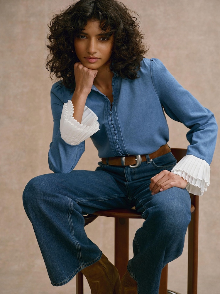 Mint Velvet Blue Denim Contrast Cuff Blouse - Image 1 of 7
