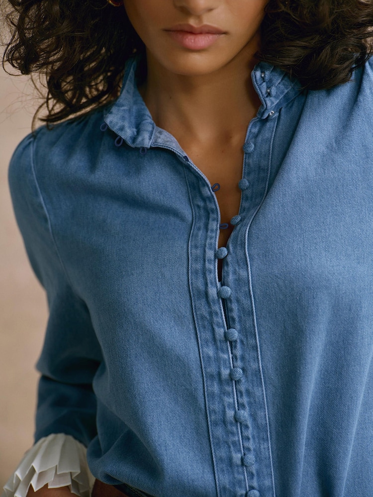 Mint Velvet Blue Denim Contrast Cuff Blouse - Image 2 of 7
