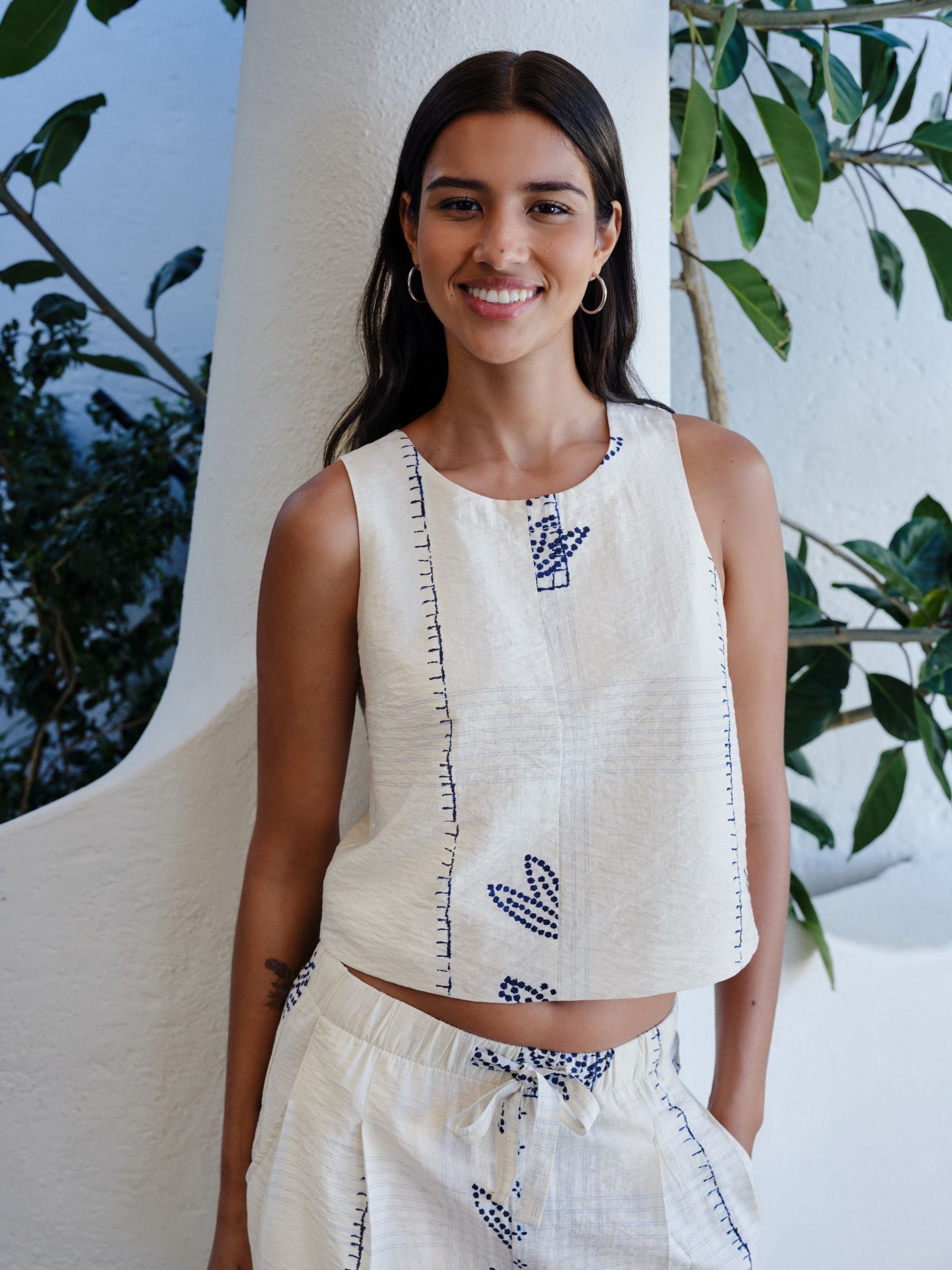 Buy Ecru/Navy Blue Palm Print Cross Back Top With Linen from Next USA