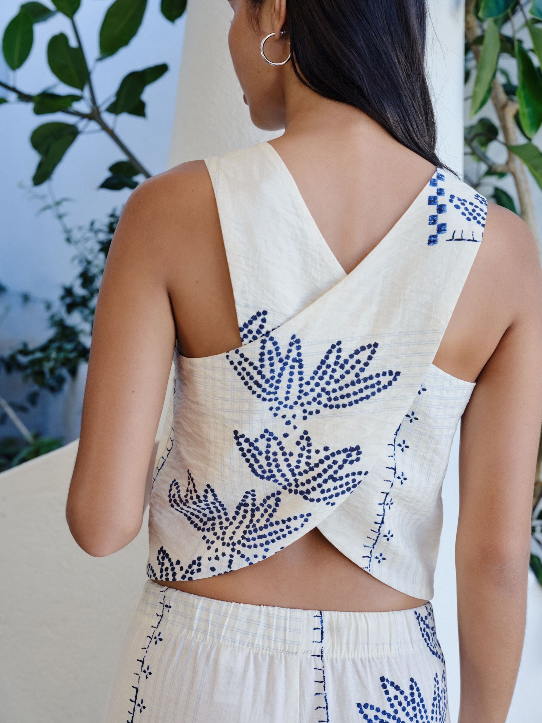 Buy Ecru/Navy Palm Print Cross Back Top With Linen from the Next