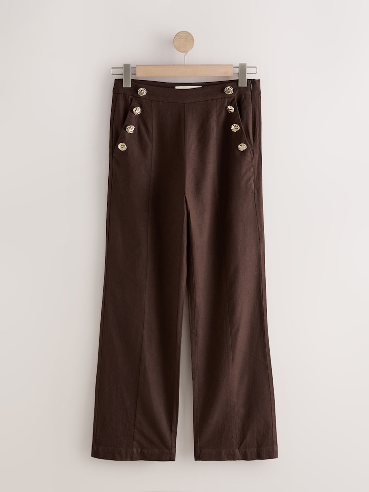Chocolate Brown Linen Rich Wide Leg Trousers With Gold Buttons - Image 1 of 4 Chocolate Brown Linen Rich Wide Leg Trousers With Gold Buttons - Image 1 of 4