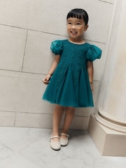 Teal Blue 3D Flower Godet Occasion Dress (3mths-8yrs) - Image 1 of 12