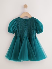 Teal Blue 3D Flower Godet Occasion Dress (3mths-8yrs) - Image 10 of 12