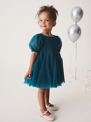 Teal Blue 3D Flower Godet Occasion Dress (3mths-8yrs) - Image 2 of 12