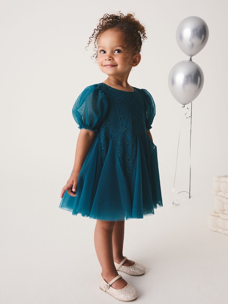 Teal Blue 3D Flower Godet Occasion Dress (3mths-8yrs) - Image 2 of 12