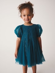 Teal Blue 3D Flower Godet Occasion Dress (3mths-8yrs) - Image 3 of 12