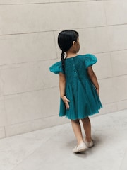 Teal Blue 3D Flower Godet Occasion Dress (3mths-8yrs) - Image 4 of 12