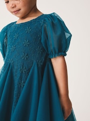 Teal Blue 3D Flower Godet Occasion Dress (3mths-8yrs) - Image 5 of 12
