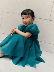 Teal Blue 3D Flower Godet Occasion Dress (3mths-8yrs) - Image 6 of 12