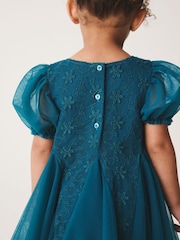 Teal Blue 3D Flower Godet Occasion Dress (3mths-8yrs) - Image 8 of 12