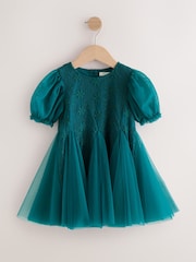 Teal Blue 3D Flower Godet Occasion Dress (3mths-8yrs) - Image 9 of 12