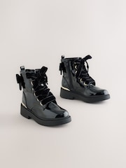 Black Patent Bow Detail Lace Up Ankle Boots - Image 1 of 6