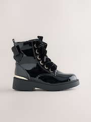 Black Patent Bow Detail Lace Up Ankle Boots - Image 2 of 6