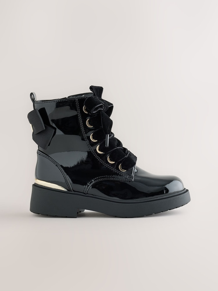 Black Patent Bow Detail Lace Up Ankle Boots - Image 2 of 6 Black Patent Bow Detail Lace Up Ankle Boots - Image 2 of 6