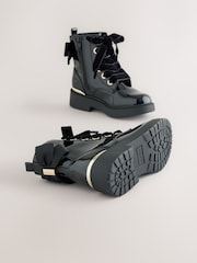 Black Patent Bow Detail Lace Up Ankle Boots - Image 3 of 6