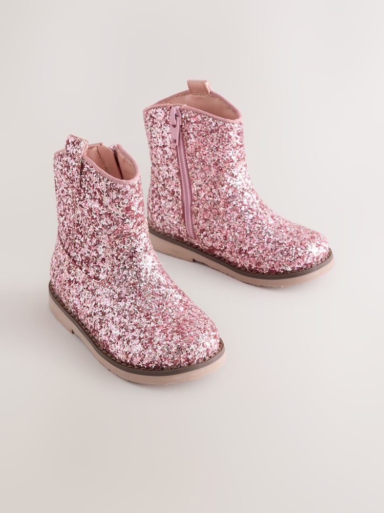 Pink Glitter Standard Fit (F) Western Ankle Boots - Image 1 of 5 Pink Glitter Standard Fit (F) Western Ankle Boots - Image 1 of 5
