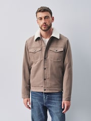 Neutral Stone Faux Suede Borg Lined Trucker Jacket - Image 1 of 12