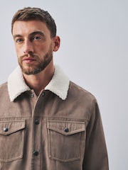 Neutral Stone Faux Suede Borg Lined Trucker Jacket - Image 4 of 12