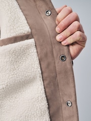 Neutral Stone Faux Suede Borg Lined Trucker Jacket - Image 6 of 12