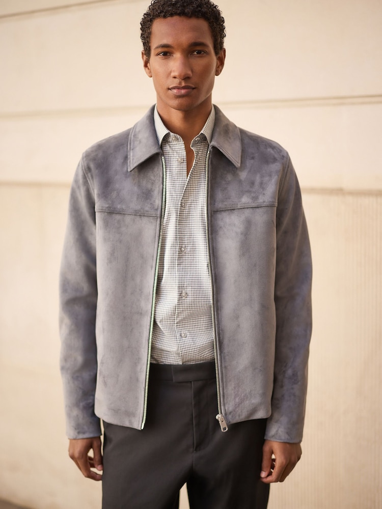 Grey Faux Suede Zip Up Jacket - Image 1 of 7 Grey Faux Suede Zip Up Jacket - Image 1 of 7