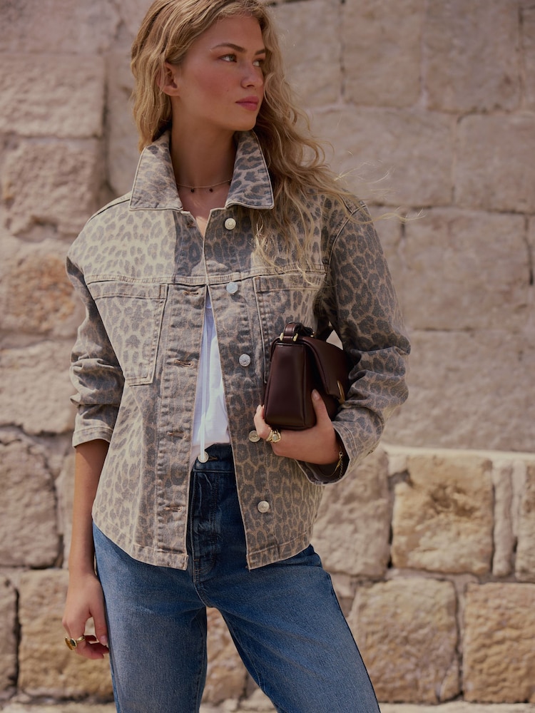Leopard Print Boxy Denim Jacket - Image 2 of 8 Leopard Print Boxy Denim Jacket - Image 2 of 8