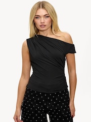 LOAVIES Flowers Of Forever Drape Off Shoulder Black Top - Image 1 of 5
