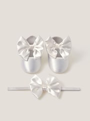 Monsoon Cream Baby Satin Bow Headband & Booties Set - Image 1 of 3
