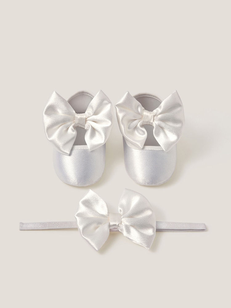 Monsoon Cream Baby Satin Bow Headband & Booties Set - Image 1 of 3